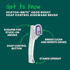 Scotch-Brite Odor Resist Soap Control Dishwand Brush, Non-Scratch Cleaning Brush with Scraper, Stands Upright, 4-Pack