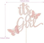 Glitter Double Sided Baby Shower Cake Topper Girl Set,Assembled Rose Gold It's A Girl Cake Toppers and 20 Pieces Pink Butterflies Cupcake Toppers Decorations for Baby Shower Party Decor Favors