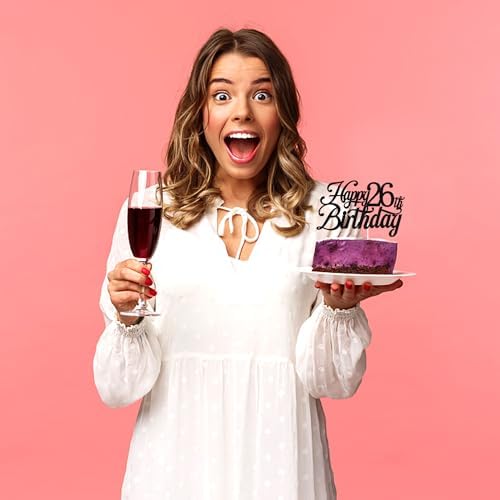 Black Glitter Happy 26th Birthday Cake Topper, Cheers to 26 Years/Level 26 Unlocked/26 Years Loved & Blessed, Funny 26th Birthday Party Decorations Supplies