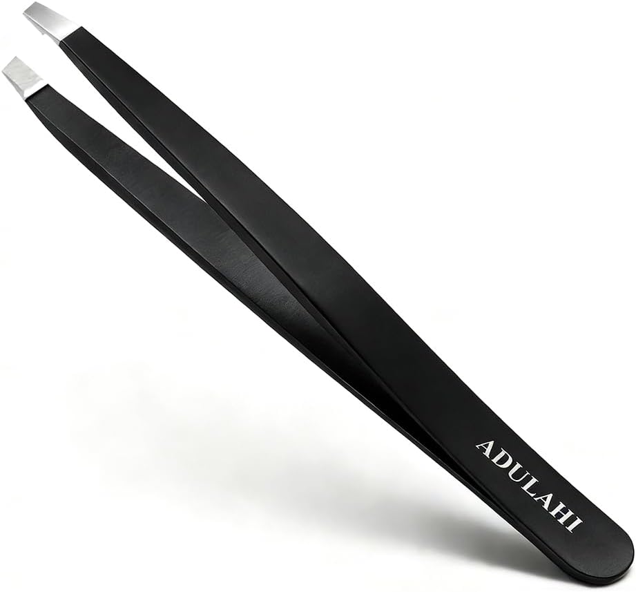 Professional Slant Tweezers for Eyebrows & Facial Hair - Precise Aligned Stainless Steel Remover with Storage Case(Black)
