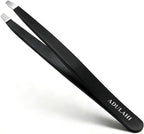Professional Slant Tweezers for Eyebrows & Facial Hair - Precise Aligned Stainless Steel Remover with Storage Case(Black)