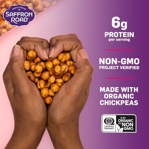 Saffron Road Roasted and Crunchy Bombay Spice Chickpeas | High Protein Snacks | Gluten-free | Vegan High Fiber Snacks | Certified Halal and Kosher | 5.4oz Pouch | Pack of 6