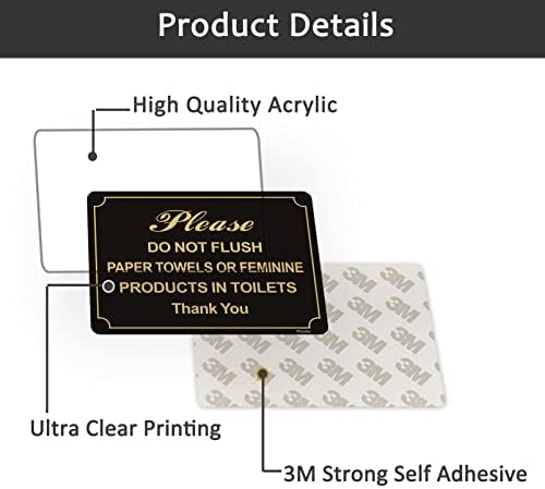 Do Not Flush Paper Towels or Feminine Products in Toilets Sign 10” x 7” Thick Acrylic Self-Adhesive Modern Design Sign, Easy to Install