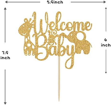 Gold Glitter Welcome Baby Cake Topper, Baby's Birthday Party Decorations, Jungle Wild Animal Themed