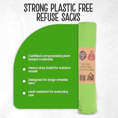 Eco Green Living 140L Wheelie Bin Liners, Compostable Plastic Free Strong & Durable Refuse Sacks for Wheelie Bins, Dustbins, and Household Waste, Tie Handle Garbage Bags - 5 Bags