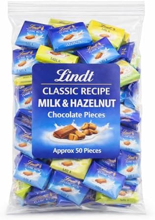 Milk Chocolate & Hazelnut Pieces Mix Approx 50 Bars of Fine Individually Wrapped Premium Milk Chocolate Candy & Fine Chocolate with Hazelnut Bars - Basket Filler & Gift Arrangement Essential