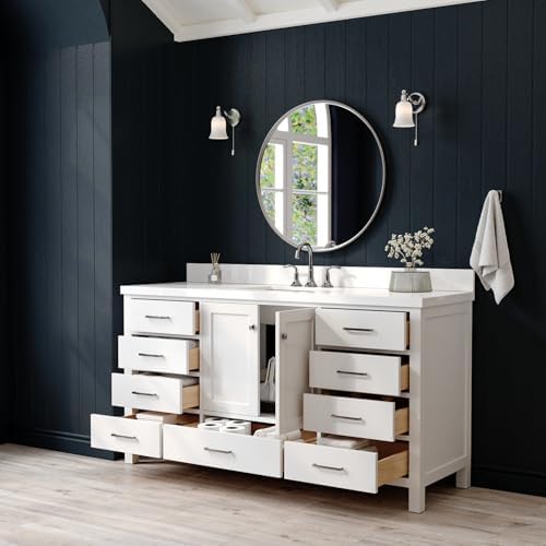 ARIEL Cambridge 66-inch Bathroom Vanity with Sink,Solid Wood, 1.5-inch Pure White Quartz Countertop & Backsplash, Single Rectangular Porcelain Sink, 2 Soft Closing Doors, 9 Dovetail Drawers, White