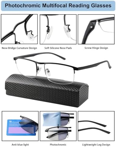 K.LAVER Progressive Photochromice Reading Glasses For Men Women,Multifocal Transition Computer Glasses Anti UV/Blue Light
