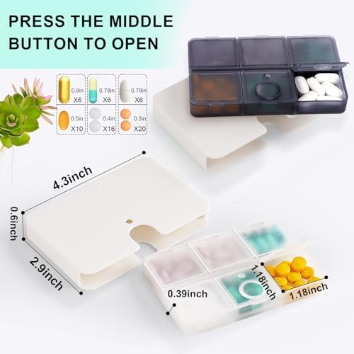 Portable Pill Organizer, 6 Compartments Travel Pill Case for Purse or Pocket -Small Pillbox Dispenser Home Travel Supplement Holder to Hold Medicines, Cod Liver Oil, Supplements (3 Count White)