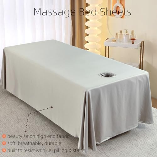 Premium Reusable Massage Table Skirt Sheets with Face Hole, Bed Cover Professional Massage Linens Fitted Wax Mat for Esthetician Bed, Stain and Wrinkle-Resistant, Machine Washable (Grey, 72*118 Inch)