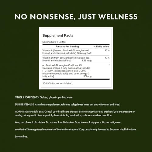 Swanson Cod Liver Oil - Wellness Supplement Promoting Bone, Skin Health, Vision Support & Immune System Function w/High Absorption Vitamin A - (180 Softgels, 350mg Each)