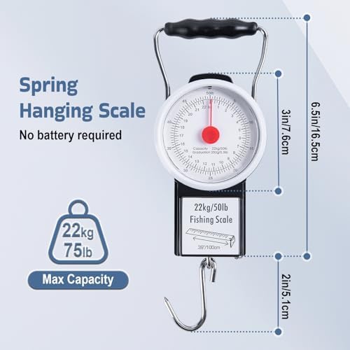 Goture Hanging Scale with 39" Built-in Tape Measure, 50lb/22kg Fishing Scale, Battery-Free Mechanical Spring Scale for Weighing & Measuring Fish, Waterproof Fishing Gear for Saltwater and Freshwater