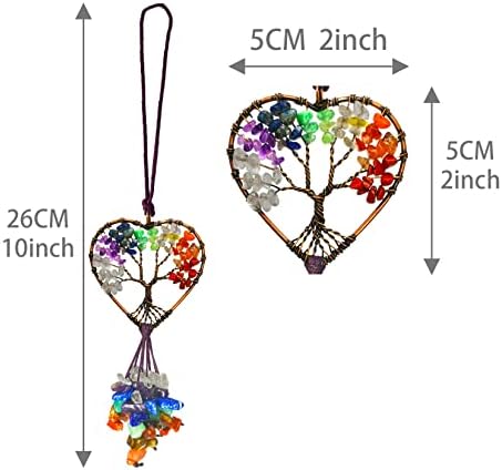 Handmade Cute Boho Tree of Life Chakra Stones Car Mirror Hanging Accessories for Women and Men,7 Chakras Healing Crystal Car Rear View Mirror Hanging Charm and Wall Door Windows Decor