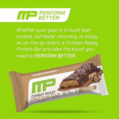 MusclePharm Combat Sport Bar, Chocolate Chip Cookie Dough, High Protein Bars, Combat Cravings, Fuel Performance & Meet Energy Demands, 20g Protein from Whey Protein, 5g Fiber, Gluten Free, 12 Bars