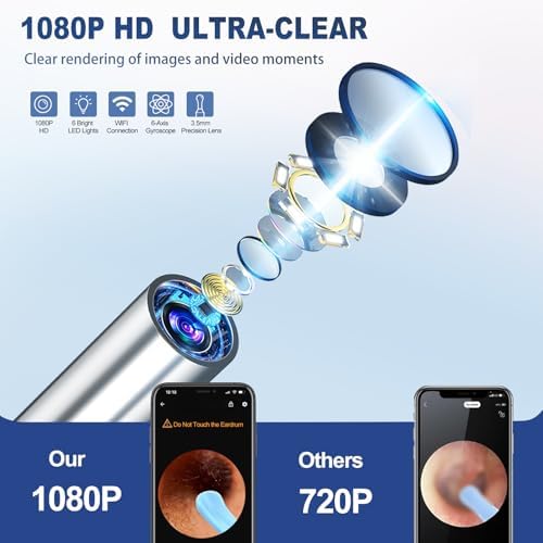 Ear Wax Removal, Ear Cleaner with Camera with 1080P, Ear Wax Removal Tool with 6 LED Light, Ear Wax Removal Kit with 8 Ear Pick, Ear Camera for iPhone, iPad, Android Phones (Black)