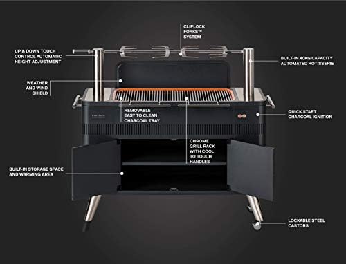 Everdure by Heston Blumenthal HUB 54-In. Charcoal Grill With Patented Built-in Rotisserie System & Quick Electric Ignition, Outdoor BBQ, Electric Starter, Adjustable Height, Easy Clean-Up, Matte Black