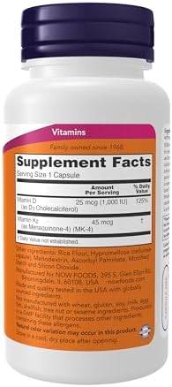 NOW Supplements, Vitamin D-3 & K-2, 1,000 IU/45 mcg,Plus Cardiovascular Support*, Supports Bone Health*, 120 veg Capsules