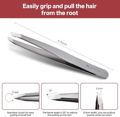 Eyebrow Tweezers for Women Facial Hair, Precision Slant Tweezers with Comfortable Handle, Sharp Eyebrow Plucker With Travel Case