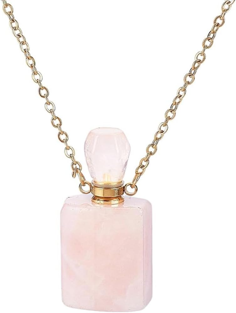 PH PandaHall Stone Perfume Bottle Necklace, Natural Rose Quartz Essential Oil Pendant Necklace Rectangle Crystal Vial Necklaces with Golden Chain for Women Jewelry, Pink, 1 Piece
