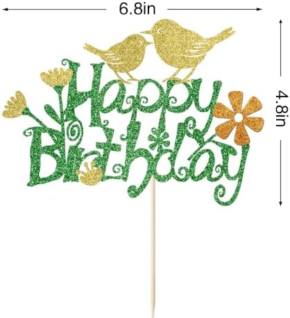 Glitter Bird Flower Happy Birthday Cake Topper，Boy girl Birthday Decorations，Flying Nature Theme Birthday Party Decoration Supplies