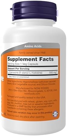NOW Foods Supplements, L-Carnosine (Beta-Alanyl-L-Histidine) 500 mg, Healthy Aging, 100 Veg Capsules