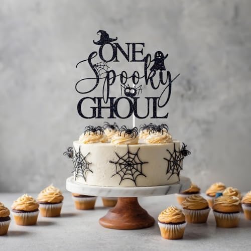 Black Glitter One Spooky Ghoul Cake Topper, Spooky One/Happy 1st Halloween, Ghost Baby's 1st Birthday Baby Shower Party Decorations Supplies