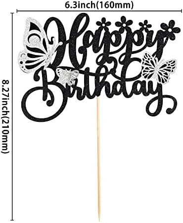 Gyufise 1Pcs Butterfly Cake Toppers Glitter Assembled 3D Butterfly Cupcake Topper for Girls Women's Happy Birthday Cake Topper Birthday Cake Decorations Butterfly Party Decorations Black Silver