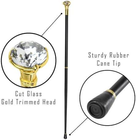 Diamond Bling Costume Cane Walking Stick - Fancy Party Dress Canes for Women, Seniors - 2 Pc Travel Stick for Mobility, Knee Support- Elegant Dress Accessories, Gatsby Costume Men - 35.75" Gold