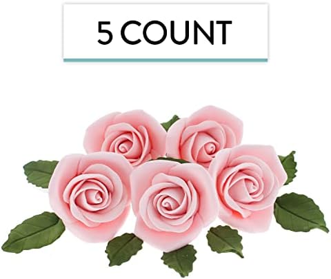 Global Sugar Art 14-Piece Wedding Cake Decorations – Premium, Realistic Pink Sugar Flower Cake Topper Set (5 Roses, 9 Leaves), Handcrafted Peace Rose Wedding Cake Topper, by Chef Alan Tetreault