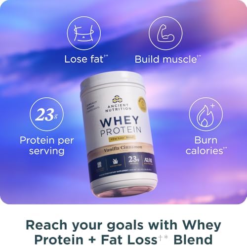Ancient Nutrition Grass Fed Whey Protein + Fat Loss Blend, Vanilla Cinnamon, 23g Protein, Promotes Fat Loss and Boost Metabolism, Organic Regenerative A2/A2 Milk Protein,18 Servings