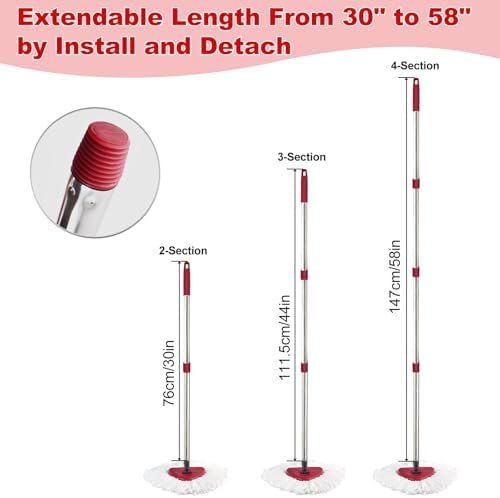 Mop Handle for Ocedar, Mop Handle for O Cedar, Spin Mop Replacement Handle for O Cedar, 4 Section 30" to 58" Mops Handles for Cedar Spin Mops & H2pro Flat Mop