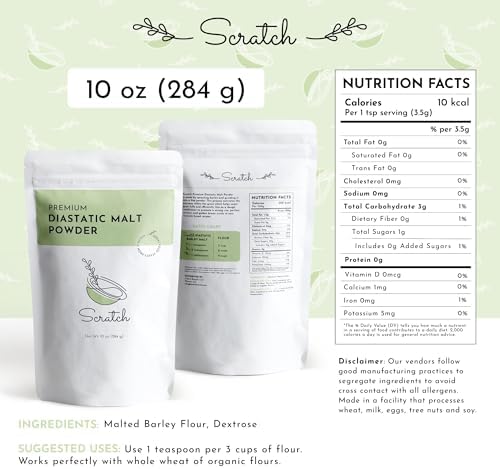 Scratch Diastatic Malt Powder for Baking - (10oz) Dried Barley Malt for Baking Bread - Bread Improver - Premium Baking Ingredients for Breads, Pizzas, Pretzels, Desserts, Shakes and More