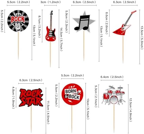 Ercadio 28Pcs Printed Rock and Roll Cupcake Toppers Electric Guitar Drum Kit Record Cupcake Picks for Rocking Music Baby Shower Rock Musician Concert Party Cake Decorations Supplies