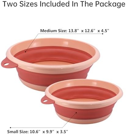Collapsible Wash Basin Set (2 Pack) - Round Portable Foldable Plastic Basins for Laundry, Travel, Camping - Small & Medium Sizes (Orange)
