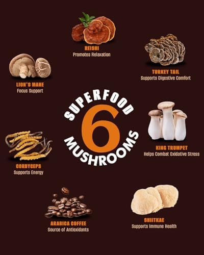 FORTISCA Mushroom Coffee, 6-in-1 Instant Mushroom Coffee Blend with Cordyceps, Reishi, Lion’s Mane, Turkey Tail, Shiitake & King Trumpet, Smooth Low-Acid Coffee for Balanced Energy & Focus, 210g