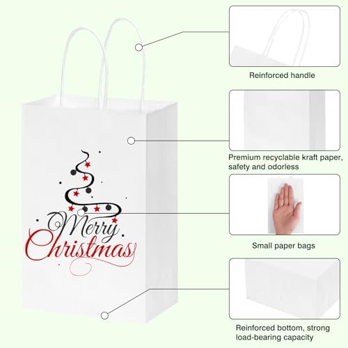 OUTUXED 240pcs White Paper Bags with Handles, 5.25x3.2x8 Inches Small White Gift Bags Bulk for Valentines, Christmas, Shopping, Birthday, Wedding and Business Party