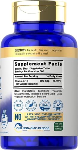 Carlyle Vitamin B-12 500mcg | 300 Tablets | Vegetarian, Non-GMO, Gluten Free Supplement
