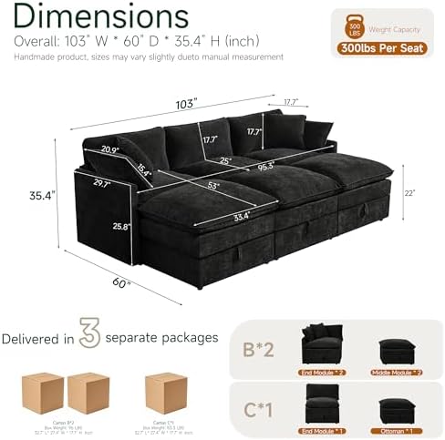 Myroyalsit Modular Sofa with Storage, 103" Sofa Bed Sleeper Sofa Bed Sectional Cloud Couch, Oversized Fabric Couch with Movable Ottoman, 6 Seat Modern Deep Seat Sofa for Living Room (Black Chenille)