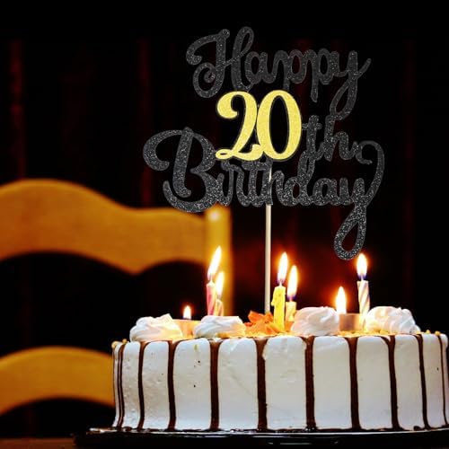 20th Happy Birthday Cake Topper, Glitter Happy 20th Birthday Cake Topper for Birthday Party Cake Decoration(Black with Gold)