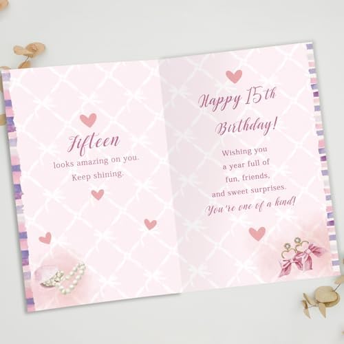 Happy 15th Birthday Card for Girls, Sweet Fashion Bithday Card for 15th Girls, Pink Beauty Themed Card,Birthday Card for Special Daughter Granddaughter, Perfume, Makeup & Pearl Design