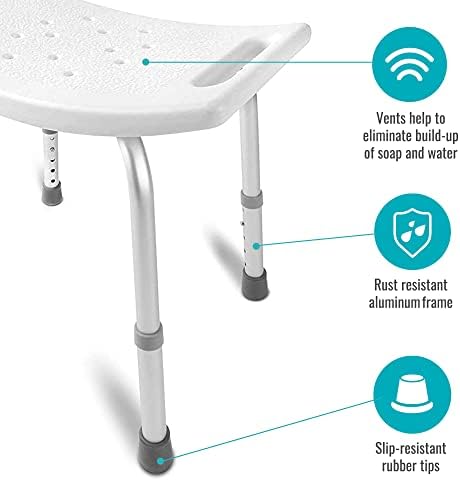 DMI Shower Chair Bath Seat for Tub or Shower Bench for Inside Shower, Made of Non Slip Aluminum with Plastic Seat, No Tools Needed, Adjustable Height, Holds Weight up to 300 Pounds, Bath Bench, White