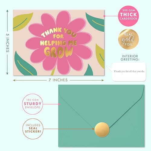Sweetzer & Orange Teacher Thank You Card – Elegant 5”x7” Appreciation Card with Gold Foil, Sturdy Envelope & Sealing Sticker – Thick Cardstock with Pre-Written Message – Perfect for Teacher Gifts