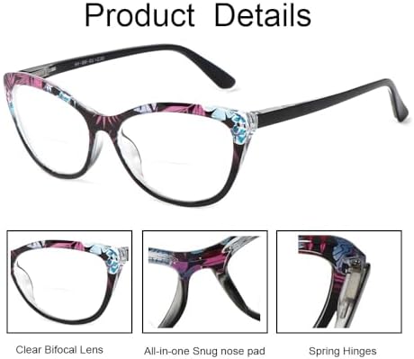 2 Pairs Cat-eye Bifocal Reading Glasses Women With Spring Hinge, Designer Floral Printed Frame Readers 2.0X