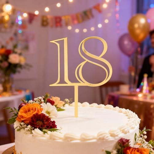 Gold Acrylic Number 18 Cake Topper, Happy 18th Birthday Cake Decoration, Eighteen Years Old Cake Pick Decoration For 18th Anniversary Celebrating Party Supplies, 6.4 inches (18)