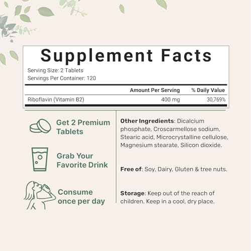 Micro Ingredients Riboflavin Vitamin B2, 400mg Per Serving, 240 Mini Tablets | Essential Vitamin B Supplement | B Vitamins for Energy Production | Easy to Swallow, Non-GMO