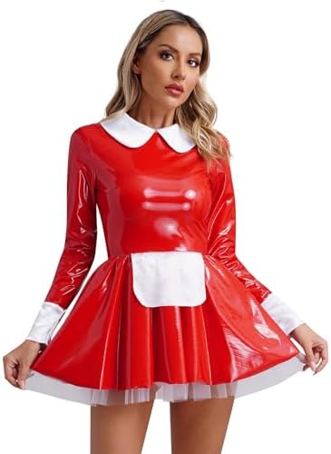 YiZYiF Women's PVC Wet Look Leather French Maid Costume Crop Top Mini Skirt Set Party Fancy Dress