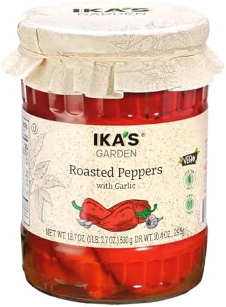 Ika’s Garden Roasted Peppers with Garlic, 18.7 oz – Fire-Roasted Sweet Peppers in Olive Oil | Vegan | Gluten-Free | GMO-Free | Ready-to-Serve
