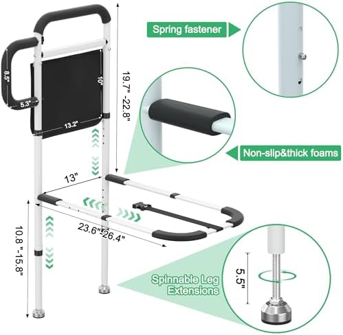 RELIANCER Bed Safety Rail for Elderly Adults w/Support Leg,Dual Handle Assist Grab Bar for Seniors,Adjustable Bedside Support Railings,Bed Side Assist Guard Rails,Bedside Hand Guard Bar Safety Bedrail