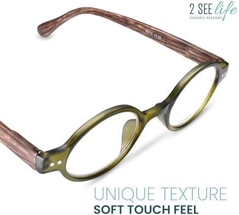 2SeeLife Small Round TR-90 Reading Glasses for Men & Women - Narrow-Medium Fit, Sturdy Frame, Spring Hinges, Retro Readers, Green, +1.75