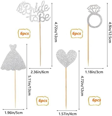 24 Pcs Glitter Bride Cupcake Toppers Silver Bridal Shower Cupcake Picks with Heart Ring Dress for Wedding Engagement Anniversary Party Cake Decorations